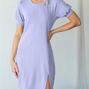 Elegant purple lavender slip on dress with puff short sleeves and a side slit